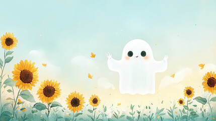 Charming little ghost happily floats among golden sunflowers under soft sky.