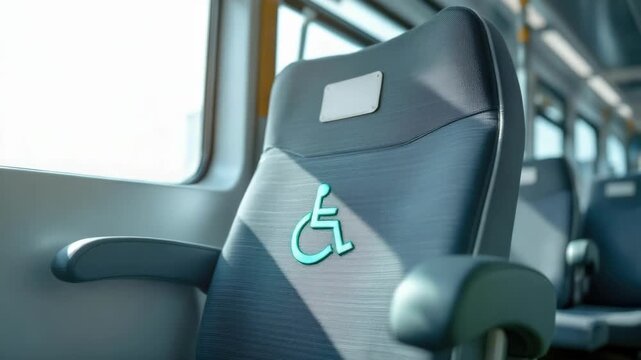 Empty train seat with wheelchair accessibility symbol in sunlight