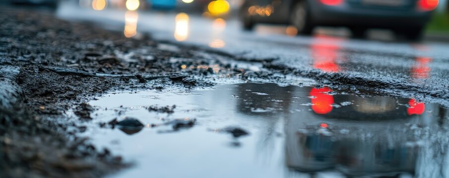 Capturing water puddle on damaged road.
