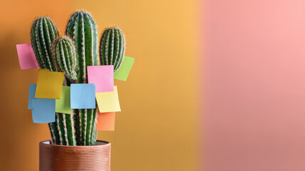 Cactus with colorful sticky notes on yellow and pink background conveying playful reminders and creative organization