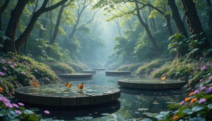 Beautiful butterfly-filled forest scene with reflected platforms for nature photography backdrop wallpaper 100