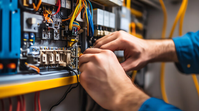 Electrician testing home circuits, efficient power management concept