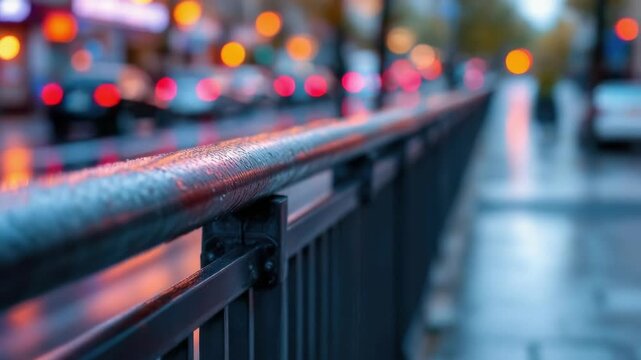 Rainy city street scene with blurred lights and wet metal railing