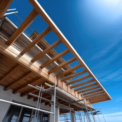 Fototapeta premium Modern house under construction with wooden beams, scaffolding, blue sky, and sunlight, showcasing contemporary architecture style