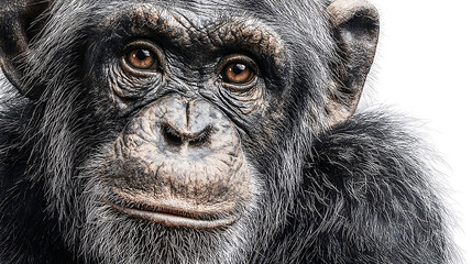 Hyperrealistic Portrait of Chimpanzee Facing Camera with Detailed Features on White Background