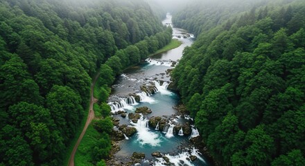 Aerial View of a Lush Forest River with Cascading Waterfalls