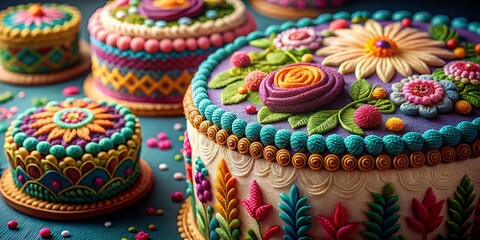 Delicious Embroidery Cake Set: Artisan Needlework & Sweet Treats Stock Photo