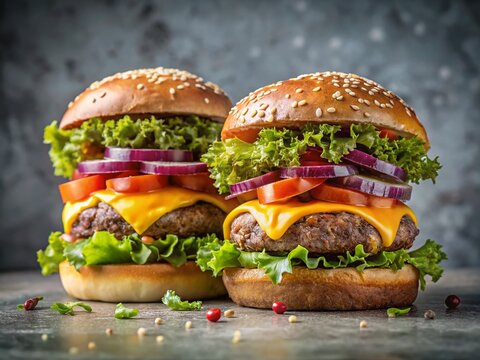 Delicious Double Hamburger, Vertically Stacked, Speckled Background - Stock Photo