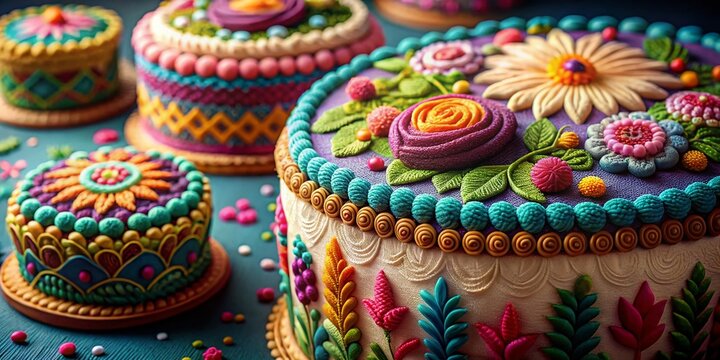 Delicious Embroidery Cake Set:  Artisan Needlework & Sweet Treats Stock Photo