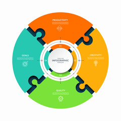 Modern circular infographic template with four connected puzzle segments. Vector diagram with 4 steps, parts, options. Can be used for business report, analytics, data visualization and presentation.