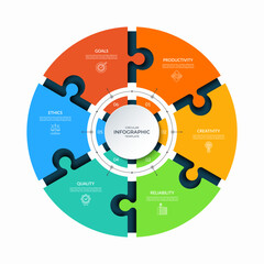 Modern circular infographic template with six connected puzzle segments. Vector diagram with 6 steps, parts, options. Can be used for business report, analytics, data visualization and presentation.