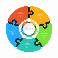 Modern circular infographic template with five connected puzzle segments. Vector diagram with 5 steps, parts, options. Can be used for business report, analytics, data visualization and presentation.