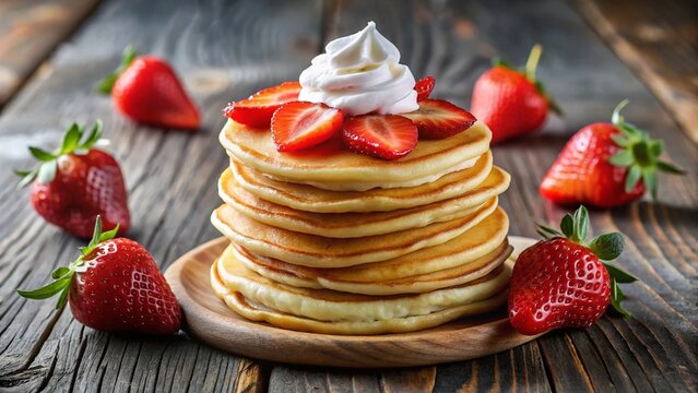 Delicious Fluffy Pancakes with Sour Cream & Fresh Strawberries on Grey Table