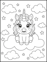  Cute Cartoon Unicorn Sitting on Cloud. Printable  Black and White Line Art for Kids Coloring Pages. Simple illustration for children's books.