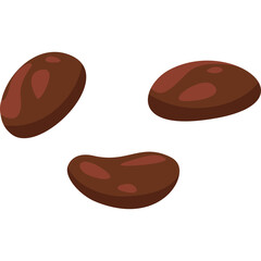 Three brown coffee beans with lighter brown spots scattered on a transparent background perfect for graphic design elements and culinary themes