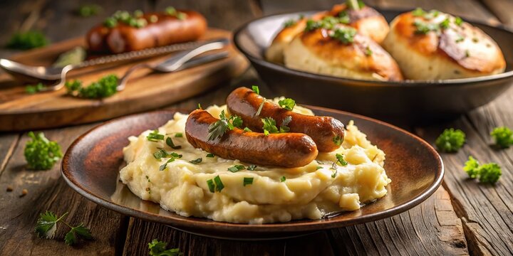 Delicious Homemade Mashed Potatoes with Sausages and Bread - Low Light Food Photography