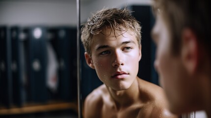  young man looking at mirror in locker room
