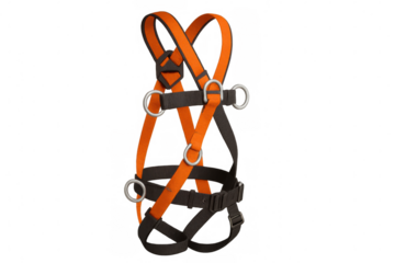 Fall protection safety harness for working at height, personal protective equipment providing worker safety on transparent background