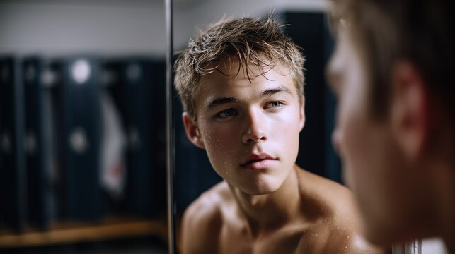 young man looking at mirror in locker room