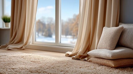 Cozy living room with soft beige drapes and large windows overlooking a winter landscape