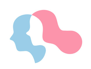 Minimalist line art illustration of two overlapping human profiles facing the same direction. Abstract continuous one-line drawing symbolizing connection, unity, and relationships.