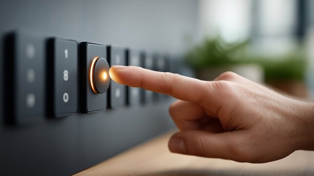 Finger pressing illuminated button on modern control panel