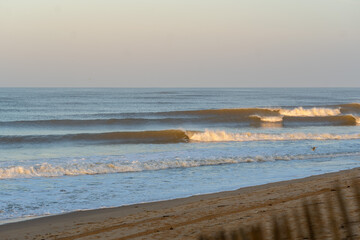 Tranquil ocean scene featuring evenly breaking waves under the gentle glow of early morning light. 