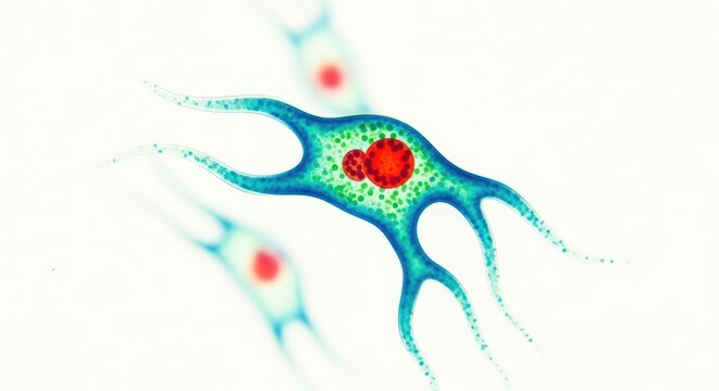 Detailed view of amoeba under microscope showing cellular structure and anatomy