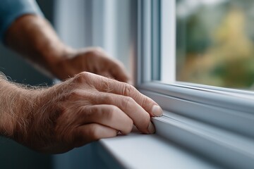 Elderly caucasian male installing window seal with careful attention to detail