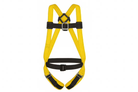 Yellow industrial safety harness providing fall protection, accident prevention, and security for workers, transparent background