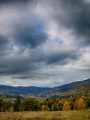 Misty Autumn Rain Clouds over Ukrainian Carpathian Mountains.