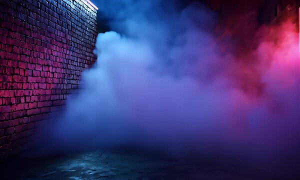 Empty street background with red and blue neon lights on brick wall and wet pavement video loop.