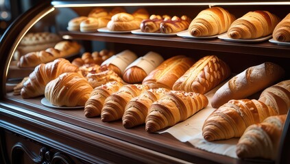 An array of freshly baked pastries displayed in a bakery showcase