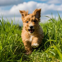 Playful Pup's Joyful Run in Green Field: A spirited puppy bounds through a field of vibrant green grass under a clear, bright sky, displaying pure exuberance and delight.