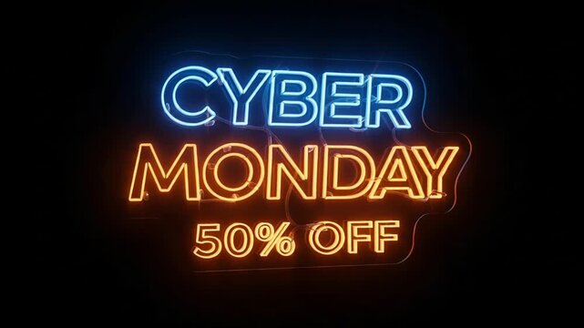 Cyber monday neon sign with 50 off sale announcement