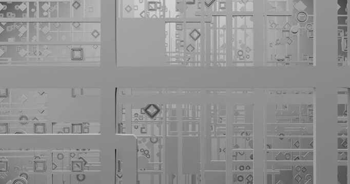 A monochromatic image of squares and circles forming futuristic structures similar to circuits arranged in parallel. The squares and circles are arranged in a way that creates a sense of energy. 3D lo