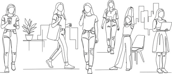 Minimalist line art of six people in casual office actions—walking, stretching, phone use, laptop work, indoor lifestyle illustration