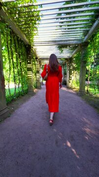 Rear view full-length shot of a young woman with long brown hair wearing a vivid red midi dress and carrying a shoulder bag, walking away along a gravel path under a sun-drenched vine-covered stone