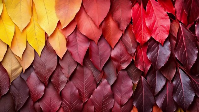 Autumn fall leaf gradient background. Natural season texture with colorful yellow, orange and red leaves. Abstract foliage design for Thanksgiving and Halloween.