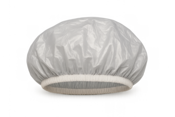 White waterproof shower cap protecting hair during bathing