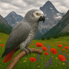 Obraz premium African gray parrot perched on a branch in a green alpine meadow filled with red poppies and purple flowers beneath dramatic mountain peaks and cloudy sky for wildlife and nature themes
