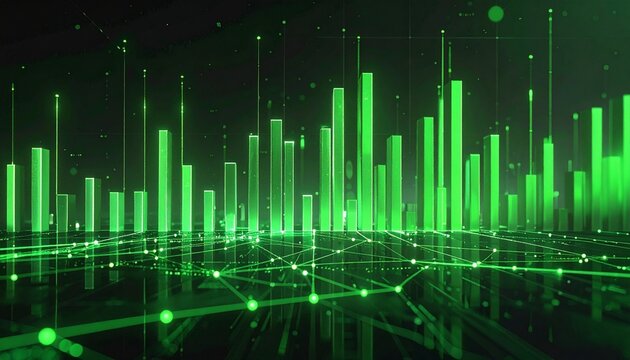 Visualize a futuristic 3D data network with glowing green bars and nodes on a dark background