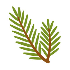 Simple spruce branch with green needles and brown stem. Hand drawn trendy flat style isolated.For Christmas, stickers, nature designs, cards, packaging, festive decorations. Vector illustration