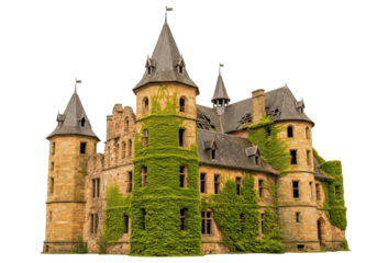 Isolated old weathered castle covered with overgrown ivy, fairytale architectural feature
