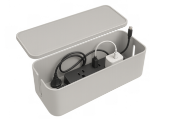 Cable management box organizing power strip and cords