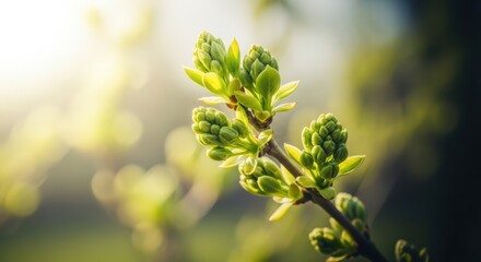 Fototapeta premium Sunlit spring buds on branch in lush garden during sunrise