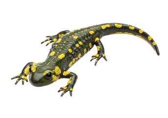 Isolated Fire Salamander close-up, an amphibian with black body and yellow spots, crawling