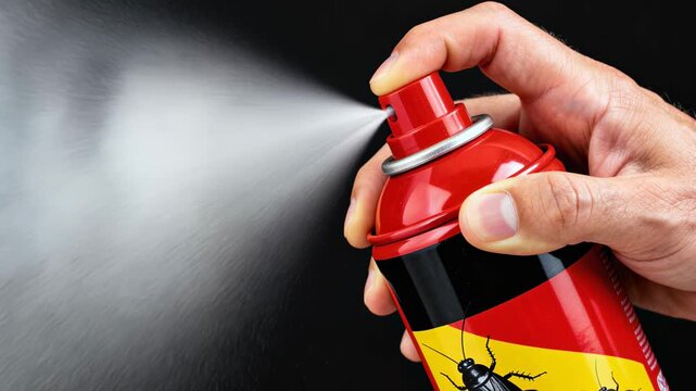 Hand spraying insecticide aerosol can to kill cockroaches and household pests on dark background.
