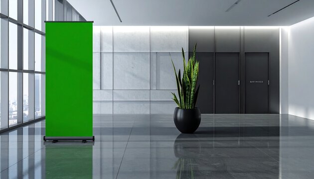 Modern Lobby with Green Screen, Plant, and Polished Concrete Floor - Powered by Adobe