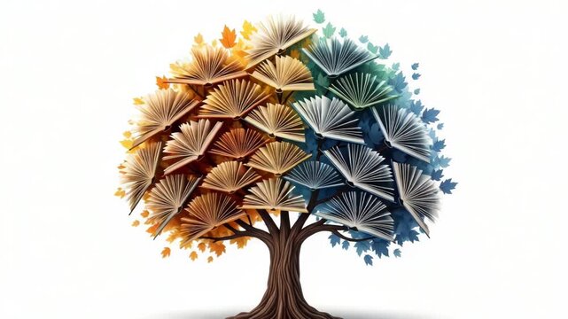 Tree of knowledge with open books and autumn leaves isolated on white background